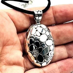 Silver Tone Textured Flower Pebble Oval Pendant Necklace Black Suede Cord 18"